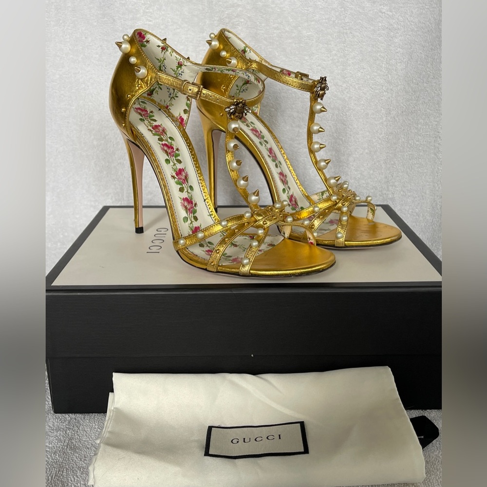 Gucci Gold Studded Heels with Floral Interior